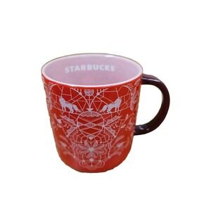 Starbucks 2022 Holiday Woodland Lace Red & Pink Ceramic Coffee Mug Foxes 14 oz